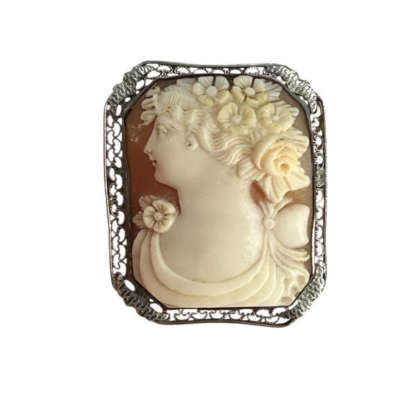 Antique Hand-Carved Shell Cameo Brooch - 800 Silver & Pewter